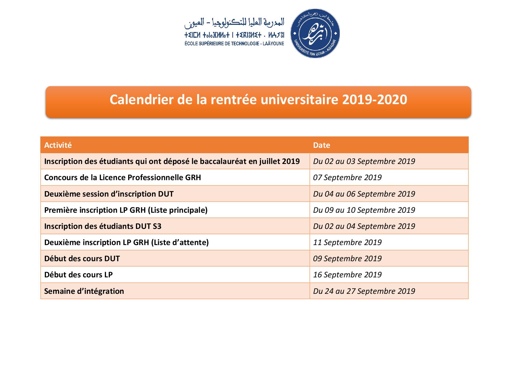 Calendrier de la rentrée universitaire 2019-2020