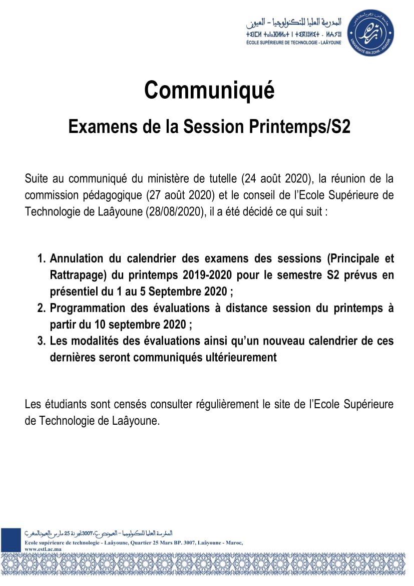 EXAMENS DE LA SESSION PRINTEMPS S2