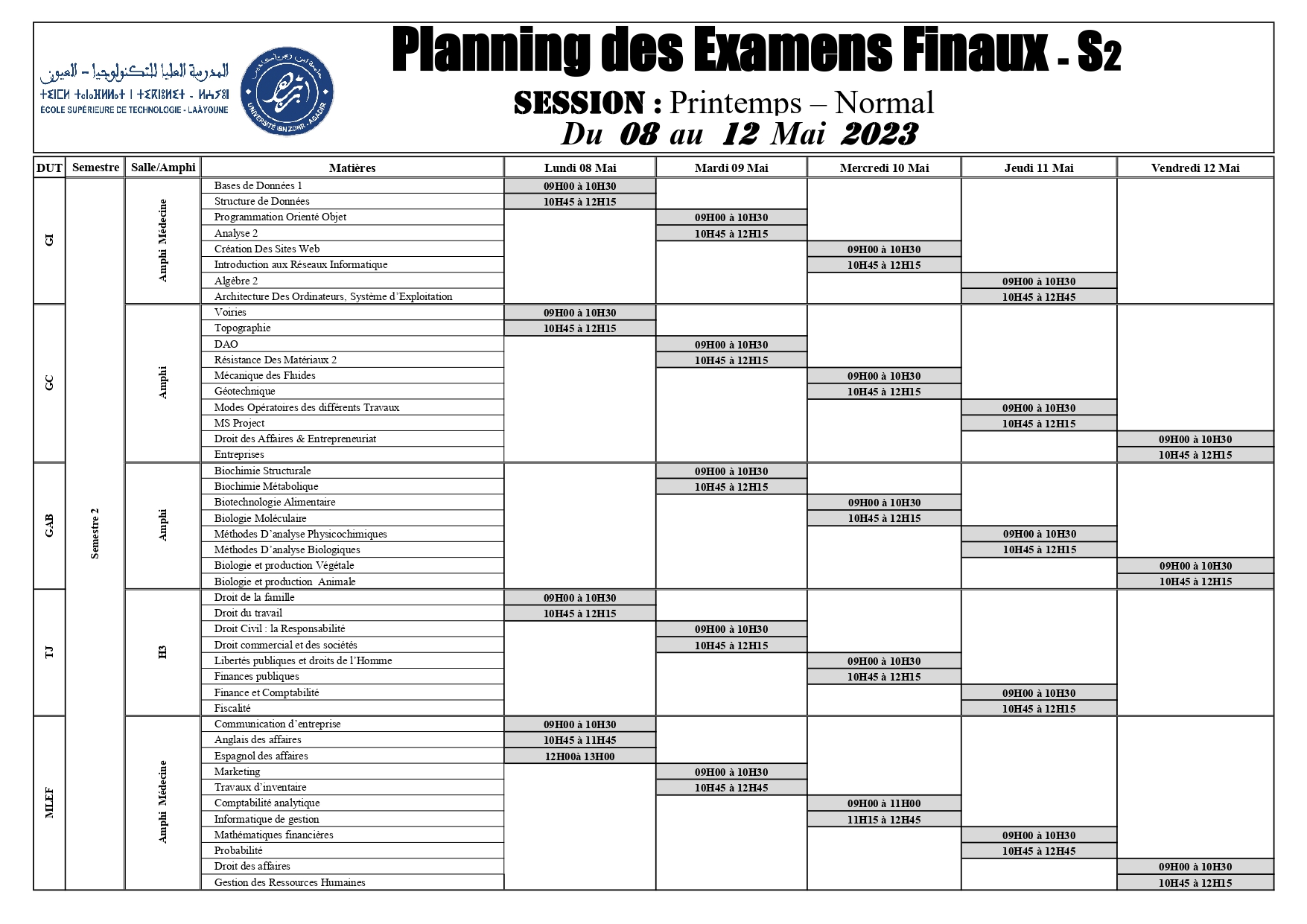 Planning des Examens Finaux DUT - S2