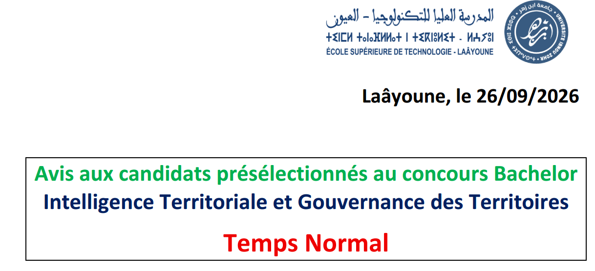 Avis aux candidats présélectionnés au concours Bachelor Intelligence Territoriale et Gouvernance des Territoires Temps Normal
